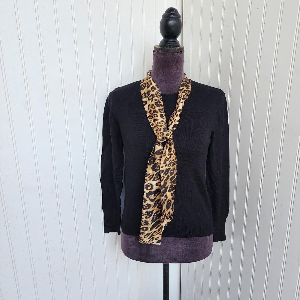 Zara Knit Crew Neck Sweater Satin Tie Bow Leopard Cheetah Black Sz S